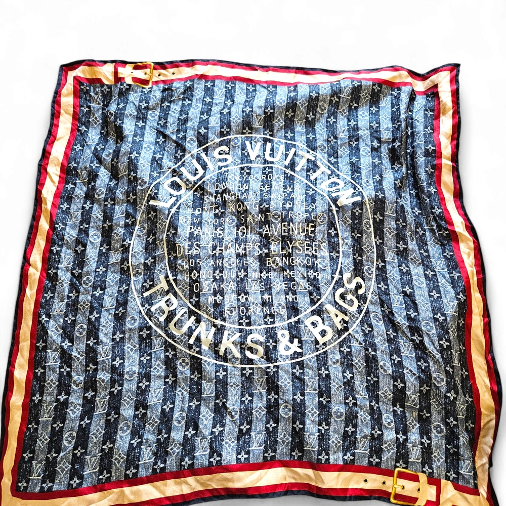 Louis Vuitton Trunks And Bags Blue/Red Denim Print Logo Scarf